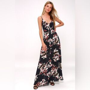Lulu's Swoon And Sway Midnight Blue Floral Print Backless Tie Sash Maxi Dress XS